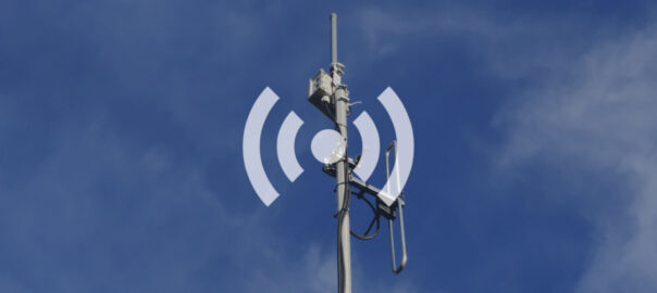 MeshCore logo in front of a picture of an antenna mast with an omnidirectional antenne, small box with a repeater and and extra DAB dipole antenna.